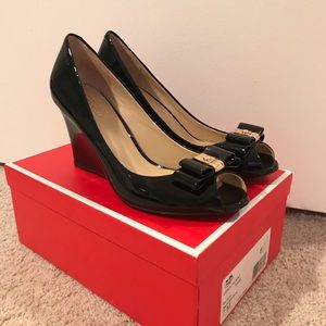 Coach Black Patent Leather Emma Bow Wedges